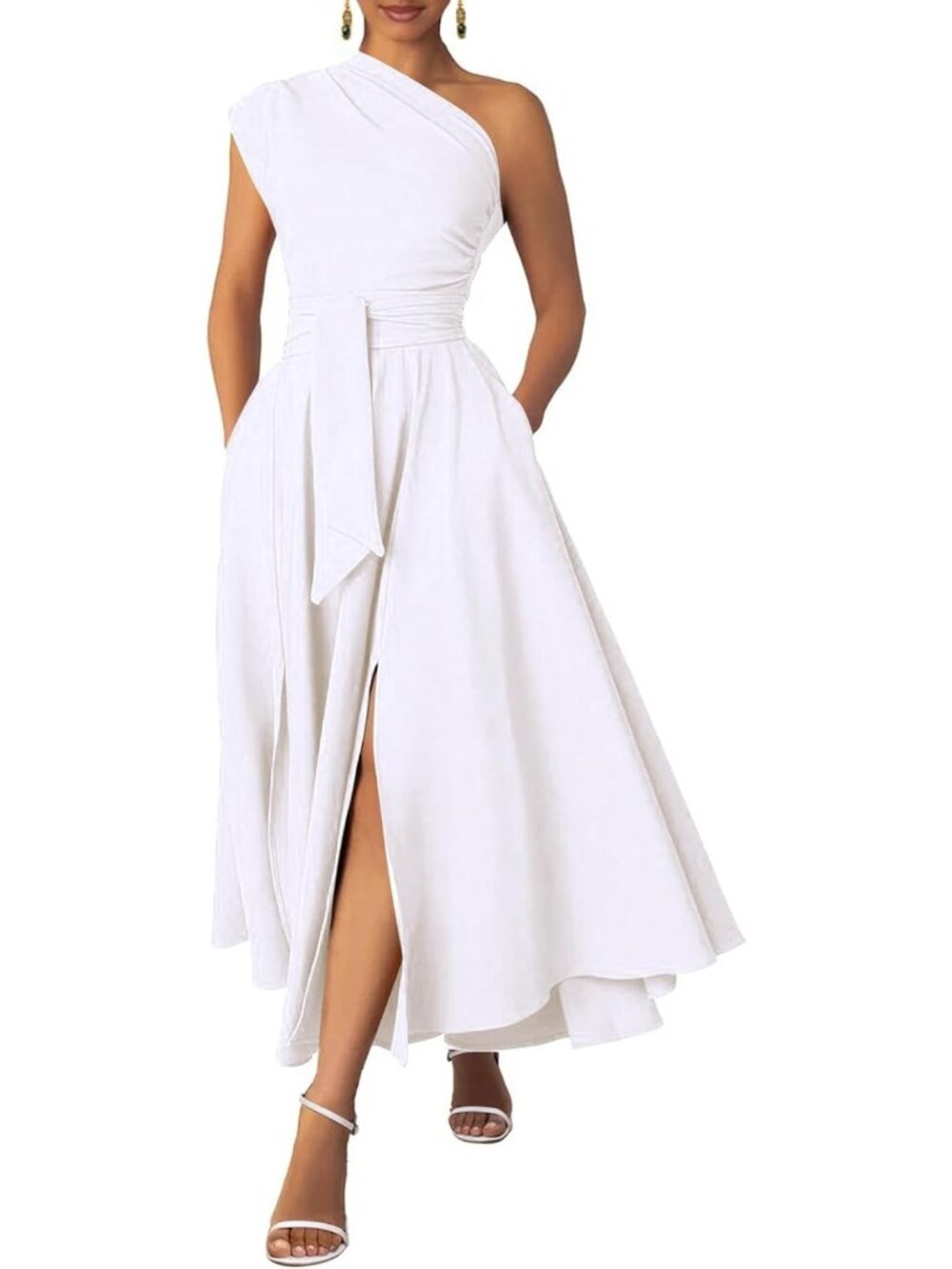 Women's White One Shoulder Belted Formal Cocktail Pull On Solid Maxi Dress